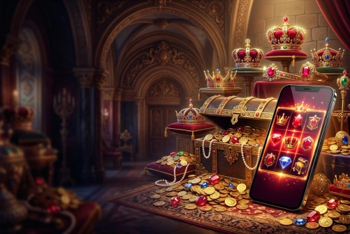 Gold-filled treasure chest beside a phone displaying luminous reels