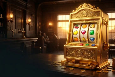 Golden slot machine decorated with fruit and jewel symbols